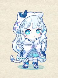 Rule 34 | 1girl, :/, absurdres, and uge, bell, black bow, blue eyes, blush, boots, bow, braid, bright pupils, cat tail, chibi, circle facial mark, closed mouth, commentary request, dress, full body, grey dress, grey hair, hair ornament, hairclip, highres, hood, hood up, hooded dress, jingle bell, joints, kugutsu (kugutz), long hair, long sleeves, looking at viewer, medium bangs, nanashi inc., paper background, robot joints, side braid, single braid, solo, tail, tail bell, tail ornament, thick eyebrows, virtual youtuber, white dress, white footwear, white pupils, winding key