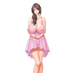Rule 34 | 1girl, babydoll, blush, breasts, censored, cleavage, covered erect nipples, curvy, game cg, huge breasts, jewelry, lingerie, long hair, mature female, mosaic censoring, nightgown, nipples, panties, ring, scrunchie, see-through, solo, tatsunami youtoku, transparent background, underwear, wedding ring