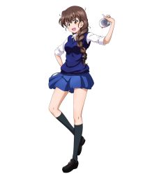 Rule 34 | 1girl, :d, adapted costume, adapted uniform, black footwear, black socks, black ribbon, blue skirt, blue vest, braid, braided ponytail, brown eyes, brown hair, collared shirt, cup, dress shirt, full body, girls und panzer, hair over shoulder, hair ribbon, highres, holding, holding cup, key (gaigaigai123), kneehighs, loafers, long hair, looking at viewer, open mouth, pleated skirt, ribbon, rukuriri (girls und panzer), school uniform, shirt, shoes, simple background, single braid, skirt, sleeves rolled up, smile, socks, solo, st. gloriana&#039;s school uniform, teacup, vest, white background, white shirt, wing collar