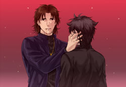 Rule 34 | 2boys, black hair, blood, blood on face, brown eyes, brown hair, cross, derivative work, emiya kiritsugu, fate/stay night, fate/zero, fate (series), hand on another&#039;s face, kotomine kirei, male focus, mullet, multiple boys, parody, red background, time paradox, xxoobattle