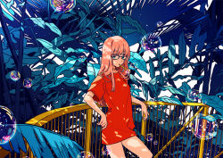 Rule 34 | 1girl, against railing, black-framed eyewear, blue eyes, bubble, blowing bubbles, contrapposto, cowboy shot, fern, glasses, keishin, long hair, looking at viewer, mouth hold, naked shirt, original, pink hair, railing, red shirt, shirt, short sleeves, solo, standing