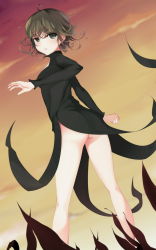 Rule 34 | 1girl, ass, bad id, bad pixiv id, black dress, curly hair, dress, evening, from behind, green eyes, green hair, highres, kneepits, looking back, matching hair/eyes, one-punch man, outdoors, parted lips, short hair, sky, solo, tatsumaki, youko (930921)