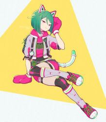 Rule 34 | 1girl, animal ears, animal hands, arm support, cat ears, cat tail, closed mouth, cropped hoodie, cropped shirt, fake animal ears, fishnet pantyhose, fishnets, full body, gloves, green hair, grey jacket, hand up, hood, hood down, hoodie, invisible chair, jacket, kiratto pri chan, lock, looking at viewer, midorikawa sara, pantyhose, paw gloves, paw print, pink eyes, pink footwear, pink hoodie, pink shorts, power symbol, pretty series, shoes, short hair, short sleeves, shorts, sitting, smile, sneakers, solo, tail, terayamaden