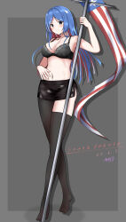 Rule 34 | 1girl, abataa, absurdres, asymmetrical legwear, black bra, black skirt, black thighhighs, blue hair, bra, breasts, character name, cleavage, dated, flag, full body, grey background, highres, holding, holding flag, kantai collection, large breasts, long hair, looking at viewer, miniskirt, multicolored hair, no shoes, parted bangs, red hair, signature, simple background, skirt, smile, solo, south dakota (kancolle), thighhighs, underwear, uneven legwear, white hair