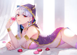 Rule 34 | 1girl, armlet, backlighting, bare shoulders, bikini, blush, bracelet, breasts, candy, chocolate, chocolate heart, chocolate heaven (fate/grand order), cleavage, cloak, earrings, fate/grand order, fate (series), food, heart, highres, hood, hood up, hooded cloak, horned hood, horns, jewelry, kama (chocolate heaven) (fate), kama (fate), large breasts, long hair, looking at viewer, lying, necklace, on stomach, parted lips, pink bikini, pink ribbon, pink thighhighs, red eyes, redrop, ribbon, ring, silver hair, smile, swimsuit, thighhighs, thighs