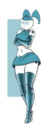Rule 34 | 1girl, alternate body size, android, blue hair, blush, boots, breasts, curvy, elbow gloves, closed eyes, facing viewer, full body, gloves, jenny wakeman, miniskirt, my life as a teenage robot, nsfwskully, skirt, solo, tagme, thigh boots, thighhighs, twintails