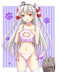 Rule 34 | 10s, 1girl, :o, alternate costume, amatsukaze (kancolle), animal hands, bell, blush, blush stickers, bra, breasts, brown eyes, cat cutout, cat ear panties, cat lingerie, cat paws, choker, cleavage, cleavage cutout, clenched hand, clothing cutout, collar, collarbone, cowboy shot, embarrassed, frilled bra, frills, hair tubes, hairband, headgear, jingle bell, kantai collection, legs apart, lingerie, long hair, looking at viewer, machinery, meme attire, navel, neck bell, o o, ookawa wataru, open mouth, outside border, panties, parted bangs, paw print, purple background, raised eyebrows, rensouhou-kun, robot, side-tie panties, silver hair, small breasts, standing, striped, striped background, tail, thighhighs, turret, underwear, underwear only, vertical stripes, very long hair, white bra, white panties, white thighhighs