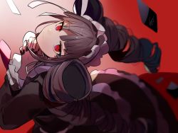 Rule 34 | 1girl, black hair, black nails, blurry, blurry foreground, bonnet, celestia ludenberg, commentary, danganronpa: trigger happy havoc, danganronpa (series), depth of field, drill hair, frilled skirt, frills, gothic lolita, gradient background, grey background, hands up, highres, huyuharu0214, layered skirt, lolita fashion, long hair, long sleeves, looking at viewer, nail polish, necktie, own hands together, red background, red eyes, signature, skirt, smile, solo, symbol-only commentary, twin drills, twintails