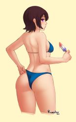 Rule 34 | 1girl, adjusting clothes, adjusting swimsuit, ass, bikini, blue bikini, brown hair, cropped legs, from behind, highres, looking at viewer, original, popsicle, purple eyes, razalor, short hair, simple background, solo, swimsuit, yellow background