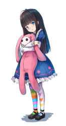 Rule 34 | 1girl, asymmetrical legwear, black footwear, black hair, blue dress, blue eyes, blush, commentary request, dress, frilled dress, frills, full body, head tilt, heart, heart print, highres, layered sleeves, liclac, long hair, long sleeves, looking at viewer, mary janes, mismatched legwear, original, pantyhose, parted lips, print pantyhose, puffy short sleeves, puffy sleeves, shadow, shoes, short over long sleeves, short sleeves, sleeves past wrists, solo, standing, striped clothes, striped pantyhose, stuffed animal, stuffed rabbit, stuffed toy, very long hair, white background, white pantyhose