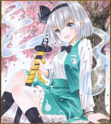 Rule 34 | 1girl, :d, black hairband, black socks, blue eyes, cherry blossoms, commentary request, ghost, green skirt, green vest, grey hair, hairband, hajike akira, highres, holding, holding sword, holding weapon, konpaku youmu, konpaku youmu (ghost), long sleeves, looking at viewer, open mouth, outdoors, shirt, short hair, sitting, skirt, smile, socks, solo, sword, touhou, traditional media, vest, weapon, white shirt