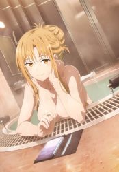 Rule 34 | 1girl, asuna (sao), bath, bathroom, breasts, brown eyes, brown hair, cellphone, cleaned, cleavage, completely nude, hand on own chin, head rest, highres, indoors, large breasts, long hair, nude, official art, phone, smartphone, smile, solo, sword art online, wet
