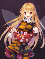 Rule 34 | 1girl, aged up, alternate color, black background, blonde hair, breasts, candy, clownpiece, cowboy shot, dress, fairy wings, fang, food, hair between eyes, halloween, hat, holding, holding clothes, holding hat, jack-o&#039;-lantern, jester cap, lollipop, long hair, long sleeves, looking at viewer, medium breasts, neck ruff, open mouth, pantyhose, pointy ears, red eyes, red hat, short dress, simple background, smile, solo, striped, touhou, transparent wings, unworn hat, unworn headwear, very long hair, wings, z.o.b