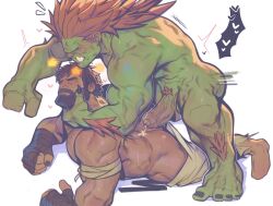 Rule 34 | 2boys, absurdres, ass, bandaged hand, bandages, bara, beard, black hair, blanka, blush, clothes pull, colored skin, completely nude, cum, erection, facial hair, green skin, headband, highres, holo eden, large pectorals, long hair, looking at another, male focus, multiple boys, muscular, muscular male, nude, orange hair, pants, pants pull, pectorals, penis, red headband, ryu (street fighter), short hair, street fighter, street fighter 6, white pants, yaoi