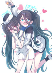 Rule 34 | &lt;key&gt; (blue archive), 2girls, absurdly long hair, absurdres, aris (blue archive), black hair, blue archive, blue eyes, blush, giorgio (yo sumire sola1), gloves, hair between eyes, half gloves, halo, heart, highres, hug, hug from behind, long hair, looking at viewer, multiple girls, one side up, own hands together, red eyes, side ponytail, simple background, smile, standing, standing on one leg, very long hair