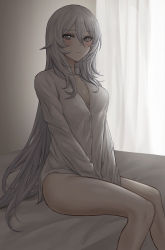 Rule 34 | 1girl, between legs, blush, breasts, character request, cleavage, closed mouth, collared shirt, commentary request, girls&#039; frontline, grey eyes, grey hair, hair between eyes, hand between legs, highres, indoors, long hair, long sleeves, looking at viewer, paradeus, selcky, shirt, sitting, thighs, white shirt