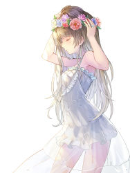 Rule 34 | 10s, 1girl, absurdres, brown hair, dress, closed eyes, head wreath, highres, long hair, love live!, love live! school idol festival, love live! school idol project, minami kotori, rio.lw, see-through, simple background, sleeveless, sleeveless dress, solo, white background, white dress