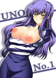 Rule 34 | 00s, 1girl, blush, breast hold, breasts, crossed arms, gloves, kuronezumi, large breasts, lyrical nanoha, mahou shoujo lyrical nanoha, mahou shoujo lyrical nanoha strikers, nipples, no bra, numbers (nanoha), open clothes, open shirt, purple hair, shirt, solo, uno (nanoha), yellow eyes