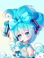 Rule 34 | 1girl, :3, bare shoulders, blue eyes, blue hair, blush, bow, chinese commentary, cinnamiku, cinnamoroll, closed mouth, commentary request, detached sleeves, drop shadow, gu gu da mo wang, hair between eyes, hair bow, hair ornament, hatsune miku, head tilt, headset, highres, holding, long hair, looking at viewer, sanrio, simple background, twintails, upper body, vocaloid