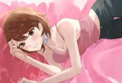 Rule 34 | 1girl, bare arms, bare shoulders, black pants, blush, breasts, brown eyes, brown hair, camisole, choker, cleavage, collarbone, commentary, cowboy shot, denim, earrings, heart, heart choker, jeans, jewelry, konchi (63438789), looking at viewer, medium breasts, midriff peek, pants, parted lips, persona, persona 3, persona 3 reload, pink camisole, short hair, smile, solo, spaghetti strap, stud earrings, summer, takeba yukari, white choker