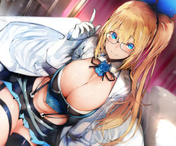 Rule 34 | 1girl, black-framed eyewear, black skirt, black thighhighs, blonde hair, blue eyes, blurry, blush, breasts, cleavage, closed mouth, coat, commentary request, depth of field, dutch angle, elbow gloves, garter straps, glasses, gloves, hair between eyes, hand up, highres, indoors, infirmary, lab coat, large breasts, long hair, looking at viewer, miniskirt, mirai akari, mirai akari project, navel, nishiide kengorou, on bed, open clothes, open coat, pleated skirt, ponytail, ribbon, side ponytail, sidelocks, sitting, sketch, skirt, smile, solo, strap, suspenders, thigh strap, thighhighs, virtual youtuber, white gloves