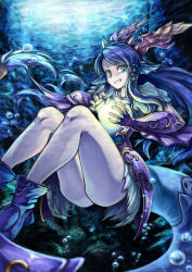 Rule 34 | 1girl, bare legs, black hair, blue eyes, bubble, chinese clothes, collarbone, dragon tail, grin, highres, horns, karin (p&amp;d), long hair, puzzle &amp; dragons, shouma (bravespiritya), smile, solo, tail, underwater, water, wrist guards