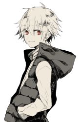 Rule 34 | 1boy, child gilgamesh (fate), closed mouth, eyes visible through hair, fate (series), gilgamesh (fate), hair between eyes, hands in pockets, hood, hood down, male focus, muted color, red eyes, simple background, smile, solo, white background, wowishi