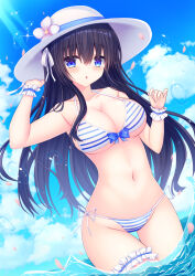 Rule 34 | 1girl, :o, absurdres, bikini, black hair, blue eyes, blue sky, breasts, cleavage, cloud, collarbone, commentary request, day, flower, hair ornament, hair ribbon, hat, hat flower, highres, lens flare, long hair, looking at viewer, medium breasts, navel, ocean, open mouth, original, outdoors, ribbon, scrunchie, shitou kazuaki, side-tie bikini bottom, sidelocks, sky, solo, sun hat, swimsuit, thigh strap, wading, water drop, white bikini, white hat, wrist scrunchie