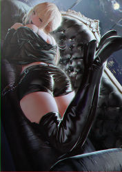 Rule 34 | 1girl, absurdres, artoria pendragon (all), artoria pendragon (fate), ass, black jacket, black shorts, blonde hair, boots, chain, cityscape, couch, fate/grand order, fate (series), highres, huge filesize, jacket, saber alter (ver. shinjuku 1999) (fate), looking at viewer, looking back, lying, masaki (ekakiningen), night, night sky, official alternate costume, on couch, on stomach, open mouth, ponytail, revision, saber alter, shorts, sky, solo, thigh boots, thighhighs, thighs, yellow eyes
