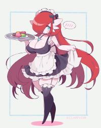 Rule 34 | 1girl, absurdres, aliceyawnin, apron, bare shoulders, black thighhighs, blue eyes, blush, bow, bow hairband, breasts, closed mouth, clothes lift, covered erect nipples, creatures (company), food, frilled apron, frilled skirt, frills, game freak, gardevoir, garter straps, gen 3 pokemon, hair over one eye, hairband, highres, holding, holding tray, large breasts, lifted by self, long hair, looking at viewer, macaron, maid, maid apron, maid headdress, nintendo, original, pokemon, pokemon (creature), red hair, simple background, skindentation, skirt, skirt lift, solo, thighhighs, tray, twitter username, very long hair