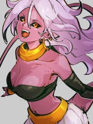 Rule 34 | 1girl, android 21, black sclera, breasts, choker, cleavage, collarbone, colored sclera, colored skin, dragon ball, dragon ball fighterz, earrings, grey background, hair between eyes, hoop earrings, jewelry, kemachiku, long hair, looking at viewer, majin android 21, medium breasts, open mouth, orange eyes, pink hair, pink skin, simple background, solo, tail, teeth, yellow choker