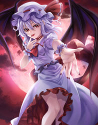 Rule 34 | 1girl, akane hazuki, bare legs, bat wings, choker, cloud, commentary request, dress, fang, feet out of frame, finger to mouth, flat chest, full moon, hat, hat ribbon, highres, light purple hair, looking at viewer, medium hair, mob cap, moon, outstretched arm, puffy short sleeves, puffy sleeves, reaching, reaching towards viewer, red eyes, red moon, red ribbon, red sky, remilia scarlet, ribbon, short sleeves, sky, solo, tongue, tongue out, touhou, white dress, white hat, wings, wrist cuffs