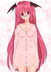 Rule 34 | 1girl, alternate costume, bad id, bad pixiv id, bare shoulders, bat wings, bespectacled, bottomless, breasts, buttons, cleavage, collarbone, denpaken pochi, dress shirt, embodiment of scarlet devil, female focus, glasses, head tilt, head wings, koakuma, long hair, long neck, long sleeves, looking at viewer, naked shirt, no pants, off shoulder, pajamas, pochi (potihouse), red eyes, red hair, shirt, simple background, sleeves past wrists, small breasts, smile, solo, touhou, very long hair, wings