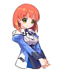 Rule 34 | 1girl, blue jacket, breasts, green eyes, jacket, korean commentary, lian anbird, medium breasts, military, military uniform, necktie, orange background, own hands clasped, own hands together, short necktie, simple background, smile, solo, super robot wars, super robot wars 30, taedu, uniform, upper body, white background, white necktie
