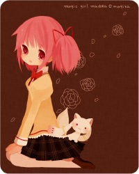 Rule 34 | 10s, 1girl, ayu (mog), bad id, bad pixiv id, copyright name, english text, kaname madoka, kyubey, mahou shoujo madoka magica, mahou shoujo madoka magica (anime), pink eyes, pink hair, rounded corners, ruchiru, school uniform, seiza, short hair, simple background, sitting, solo, tears, thighhighs, twintails