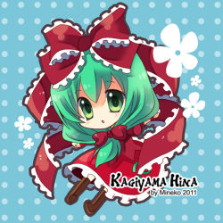 Rule 34 | 1girl, :o, boots, bow, character name, dress, female focus, flower, frills, front ponytail, full body, green eyes, green hair, hair bow, hair ribbon, kagiyama hina, matching hair/eyes, mineko, outstretched arms, patterned, plant, ribbon, solo, text focus, touhou