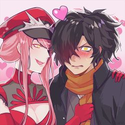 Rule 34 | 1boy, 1girl, alternate hairstyle, black coat, black hair, blush, breasts, cleavage, coat, elbow gloves, fate/grand order, fate (series), gloves, gradient background, hair over one eye, hand on another&#039;s shoulder, hat, heart, heart background, jest ht90, looking at another, looking at viewer, medb (alluring chief warden look) (fate), medb (fate), medium breasts, messy hair, nervous, okada izou (fate), orange scarf, peaked cap, pink background, pink hair, ponytail, red gloves, red headwear, scarf, short hair, sidelocks, smile, sweat, upper body, wide-eyed, yellow eyes