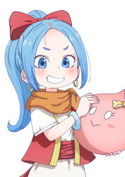 Rule 34 | 1girl, blue eyes, blue hair, blush, bow, bracelet, dragon quest, dragon quest xi, dress, earrings, grin, hair bow, highres, holding, hoop earrings, jewelry, long hair, looking at viewer, maya (dq11), parted bangs, ponytail, samansa ex, sash, scarf, short eyebrows, short sleeves, slime (dragon quest), smile, vest
