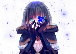 Rule 34 | 1boy, 1girl, :o, black butterfly, black gloves, brown hair, brown hood, bug, butterfly, covering one eye, gloves, glowing, green eyes, gretel (sinoalice), hair between eyes, insect, long sleeves, looking at viewer, open mouth, short hair, simple background, sinoalice, solo, towada-san (thank39), trap, white background
