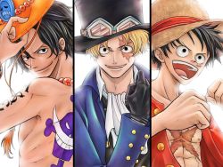 Rule 34 | 3boys, black hair, blonde hair, brothers, ascot, freckles, gloves, goggles, goggles on headwear, hand on headwear, hat, jewelry, jolly roger, male focus, monkey d. luffy, multiple boys, natsuki (natuki18902), necklace, one piece, open mouth, pirate, portgas d. ace, red shirt, sabo (one piece), scar, shirt, topless male, siblings, smile, stampede string, straw hat, tattoo