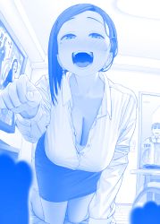 Rule 34 | 1boy, 3girls, alcohol, animal hands, beer, beer can, blue theme, blush, breasts, can, cleavage, collared shirt, commentary request, downblouse, drink can, drunk, faceless, faceless male, getsuyoubi no tawawa, highres, himura kiseki, kneeling, kouhai-chan (tawawa), large breasts, mole, mole under eye, multiple girls, nose blush, office lady, pantyhose, pencil skirt, poster (object), senpai (tawawa), shirt, skirt, translation request