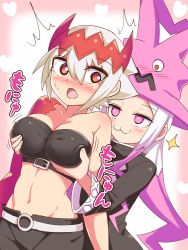 Rule 34 | 2girls, :3, blush, grabbing another&#039;s breast, breasts, cleavage, cougar (cougar1404), dragon: marked for death, empress (dmfd), grabbing, large breasts, long hair, midriff, multiple girls, navel, pink eyes, pink hair, red eyes, sweat, white hair, witch (dmfd), yuri