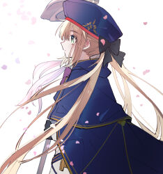 Rule 34 | 1girl, artoria caster (fate), artoria caster (second ascension) (fate), blonde hair, blue cloak, blue hat, cloak, fate/grand order, fate (series), green eyes, hat, highres, holding, holding staff, looking to the side, mage staff, nayu tundora, petals, sidelocks, solo, split ponytail, staff, white background