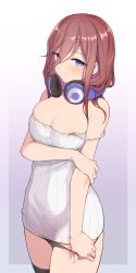 Rule 34 | 1girl, areola slip, arm grab, arm under breasts, bare arms, bare shoulders, black panties, black thighhighs, blue eyes, blush, breast hold, breasts, cleavage, commentary, dress, english commentary, eyes visible through hair, go-toubun no hanayome, hair between eyes, headphones, headphones around neck, highres, large breasts, long hair, looking at viewer, nakano miku, panties, panty pull, parted lips, pulled by self, red hair, revision, ribbed dress, short dress, simple background, sleeveless, sleeveless dress, solo, standing, strap slip, thighhighs, underwear, waero, white dress