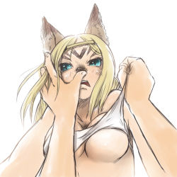 Rule 34 | 00s, 1girl, animal ears, bad id, bad pixiv id, blonde hair, blue eyes, breasts, clothes pull, comic, final fantasy, final fantasy xi, mithra (ff11), nucomas, shirt pull, simple background, solo, white background