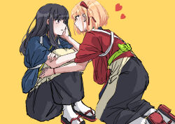 Rule 34 | 2girls, absurdres, black hair, blonde hair, blue kimono, blush, bob cut, commentary, crying, english commentary, eye contact, fafayu, hair ribbon, hand on another&#039;s cheek, hand on another&#039;s face, heart, highres, hugging own legs, inoue takina, japanese clothes, kimono, long hair, looking at another, lycoris recoil, multiple girls, nishikigi chisato, one side up, open mouth, purple eyes, red bracelet, red eyes, red kimono, red ribbon, ribbon, short hair, sidelocks, simple background, sitting, socks, white socks, yellow background, yuri