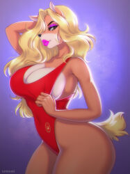 Rule 34 | 1girl, baywatch, blonde hair, breasts, crash bandicoot (series), furry, furry female, green eyes, hair over one eye, highres, large breasts, long hair, one-piece swimsuit, pink lips, purple background, red one-piece swimsuit, simple background, swimsuit, tawna bandicoot, xensoi