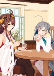 Rule 34 | 2girls, ahoge, alakoala, blue hair, blush, chair, closed eyes, crossed legs, cup, day, detached sleeves, flower, grey hair, grin, hair ribbon, hairband, headgear, highres, holding, holding cup, indoors, japanese clothes, kantai collection, kiyoshimo (kancolle), kongou (kancolle), long hair, low twintails, multicolored hair, multiple girls, ribbed sweater, ribbon, ribbon trim, school uniform, sidelocks, sitting, skirt, smile, sweater, table, twintails, two-tone hair, window