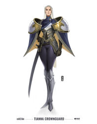 Rule 34 | 1girl, absurdres, arm at side, armor, armored boots, artist name, black pants, blue cape, boots, cape, closed mouth, copyright name, den (denwhat), full body, gem, hand on own hip, highres, league of legends, legends of runeterra, long hair, looking at viewer, pants, shoulder plates, solo, standing, sword, tianna crownguard, v-shaped eyebrows, weapon, white hair