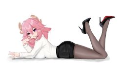 Rule 34 | 1girl, absurdres, animal ears, ass, black footwear, black pantyhose, black skirt, breasts, chinese commentary, closed mouth, fox ears, full body, genshin impact, hair between eyes, hair ornament, high heels, highres, large breasts, legs up, long hair, long sleeves, looking at viewer, lying, melioudase1, office lady, on stomach, pantyhose, pink hair, pumps, purple eyes, shadow, shirt, shoes, sideboob, simple background, skirt, smile, solo, stiletto heels, thighs, white background, white shirt, white sleeves, yae miko